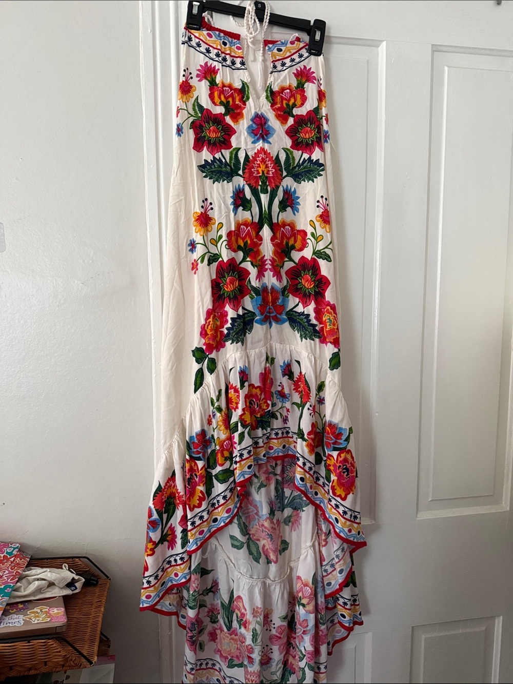 Vici White Backless Maxi Dress with Red, Pink, Blue & Green Floral Embroidery